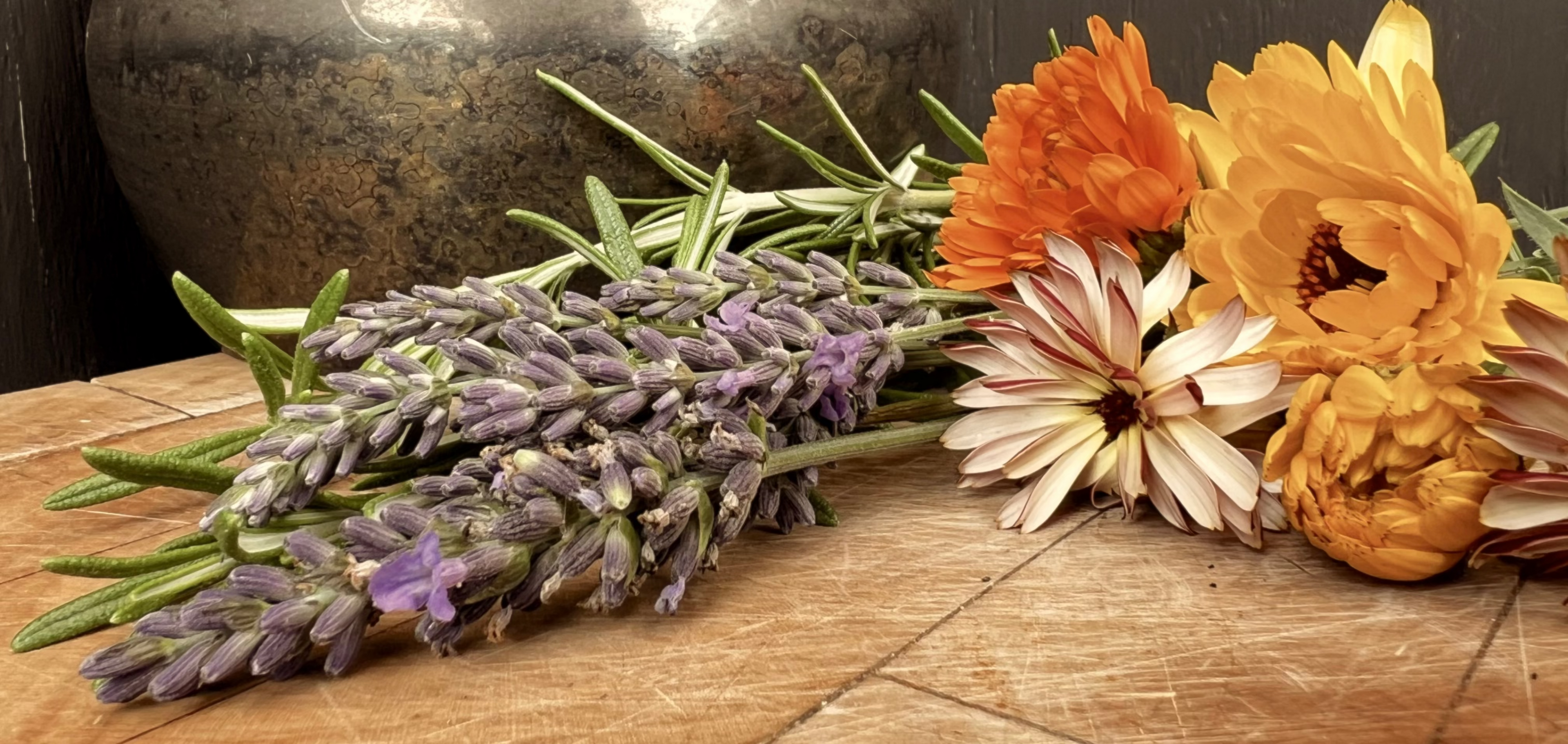 A rustic still life arrangement featuring a large dark metal lidded pot against a dark textured wall, with lavender sprigs, calendula flowers, and rosemary stems resting on a wooden surface.